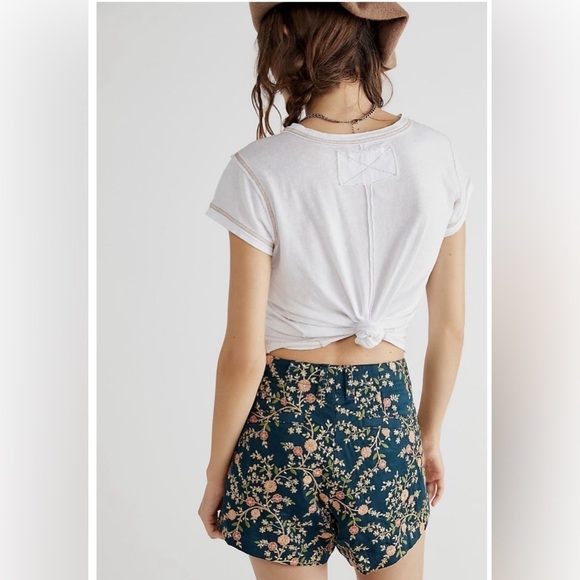 Momo New York Floral Embroidered Silk Shorts X Free People Turquoise Medium Boho - Picture 3 of 12